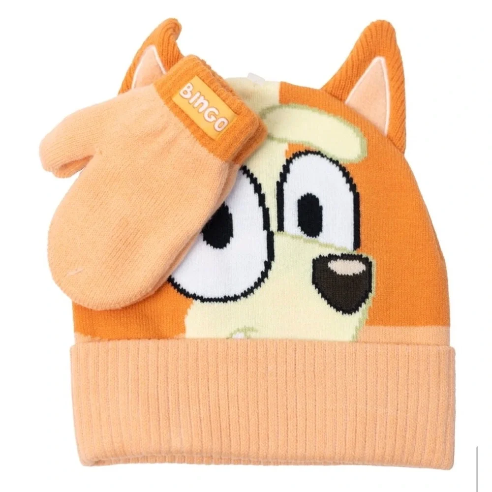 Bluey Bingo Toddler Beanie Hat and Mittens 2-Piece Winter Set Orange Knit NWT